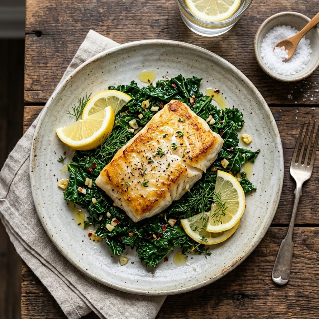 Pan-Seared White Fish with Garlic-Sautéed Kale