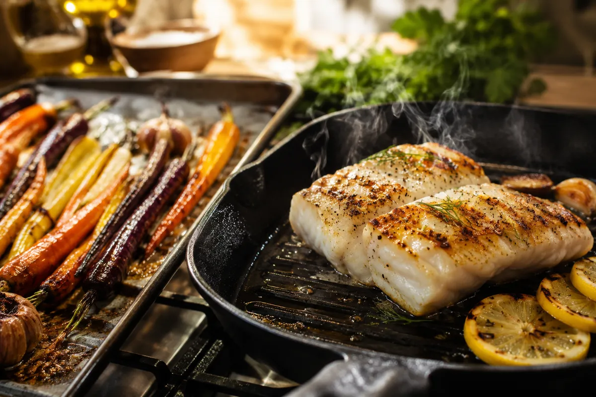 Grilled Cod with Lemon-Roasted Carrots