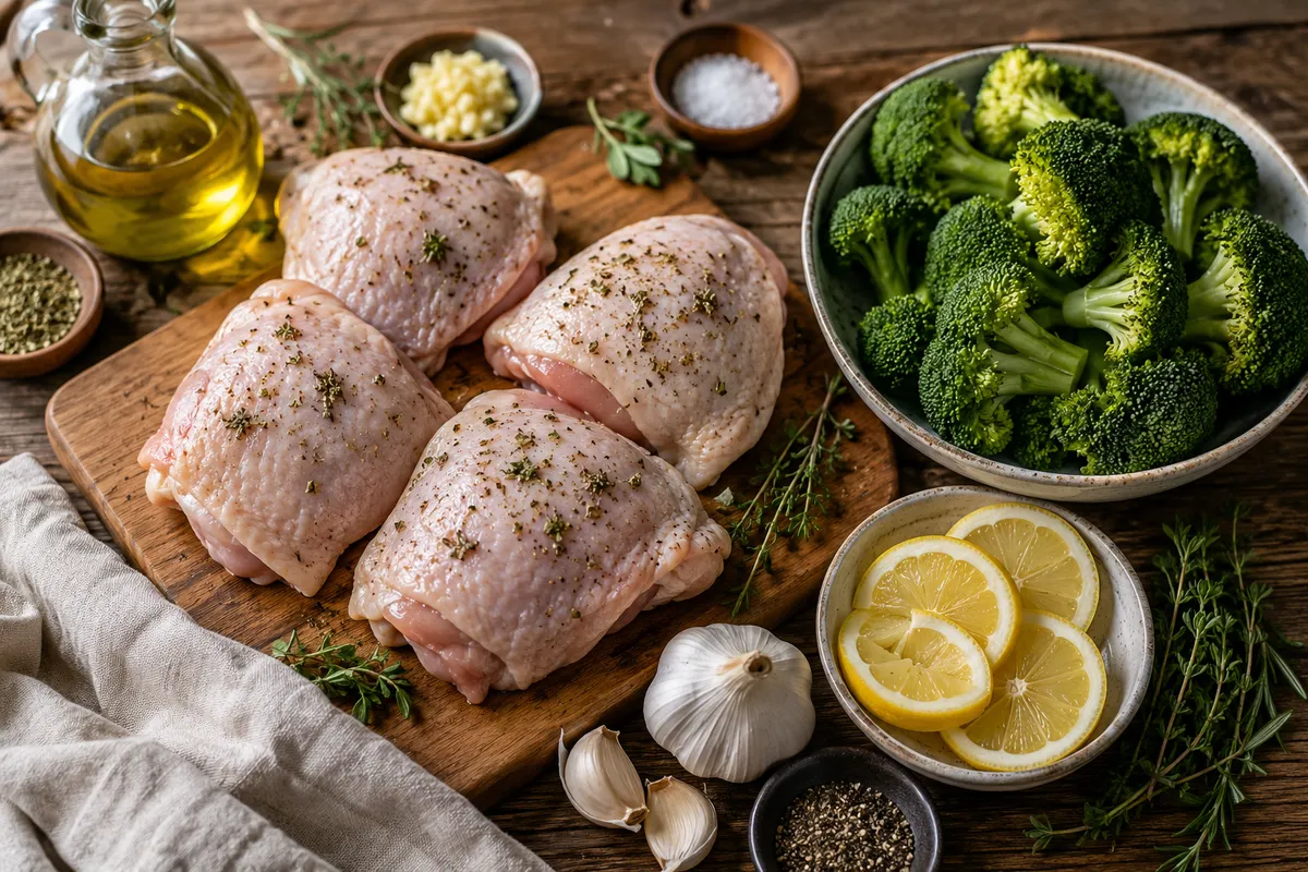 Roasted lemon herb chicken and broccoli on a sheet pan