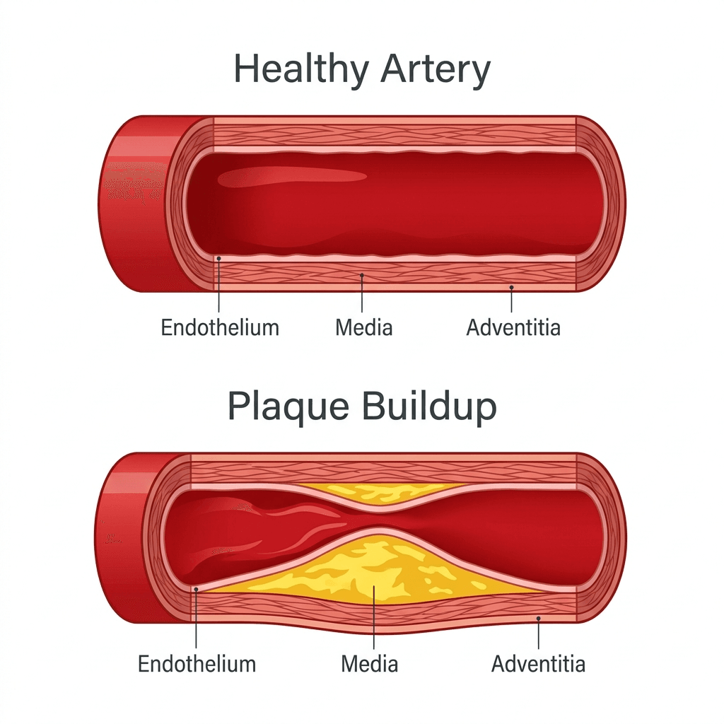 A comparison diagram showing a healthy, flexible artery with smooth blood flow versus an artery narrowed by plaque buildup.