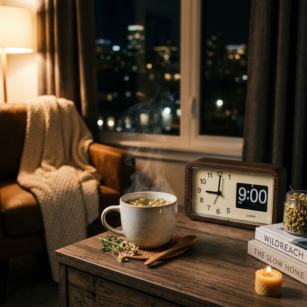 Steaming cup of chamomile tea next to a clock showing 9 PM representing evening wind down routine