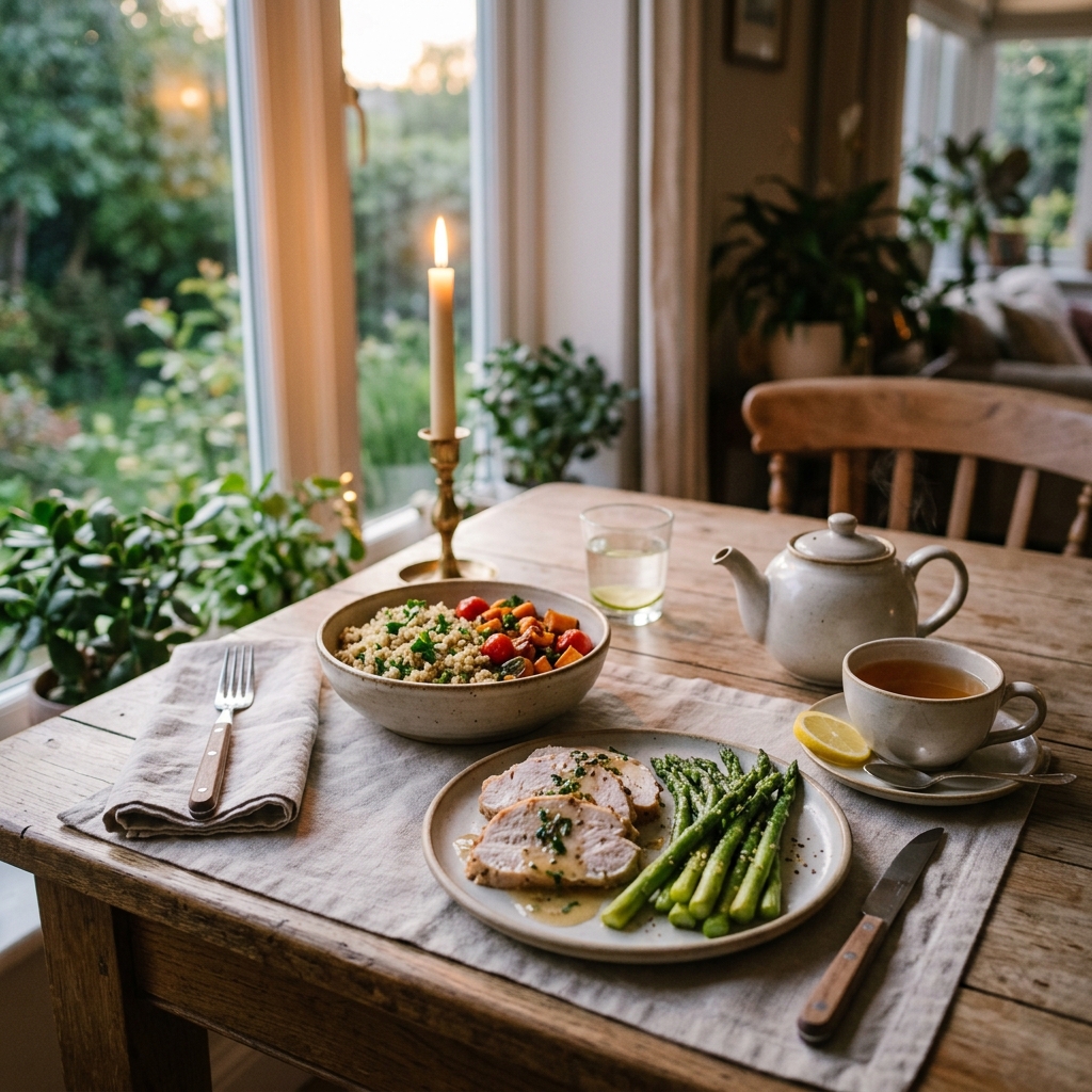 Balanced evening dinner with roasted turkey quinoa and herbal tea