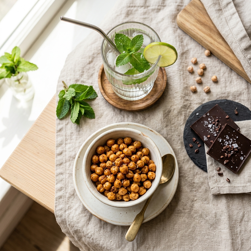 Gourmet nourishing snack swaps dark chocolate roasted chickpeas mint water