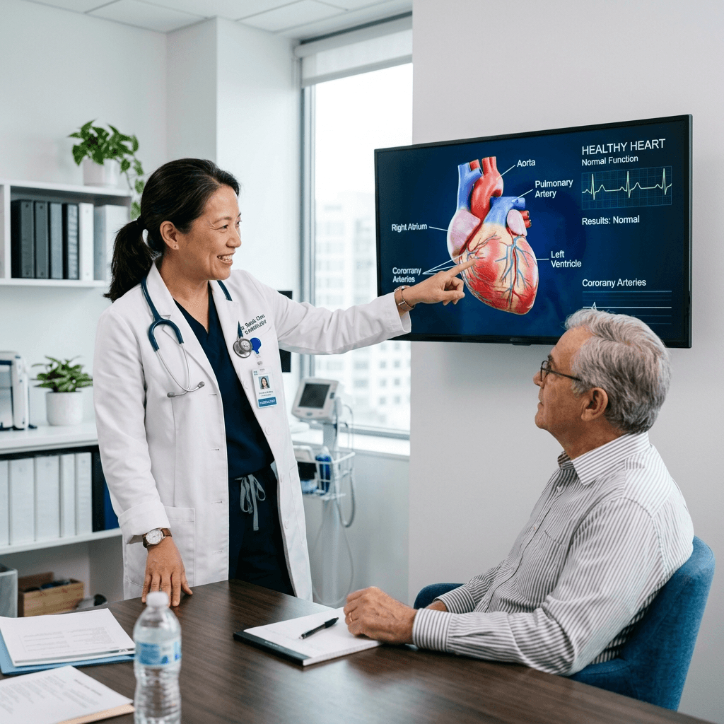 A close-up of a doctor reviewing a clean heart ultrasound scan with a patient.