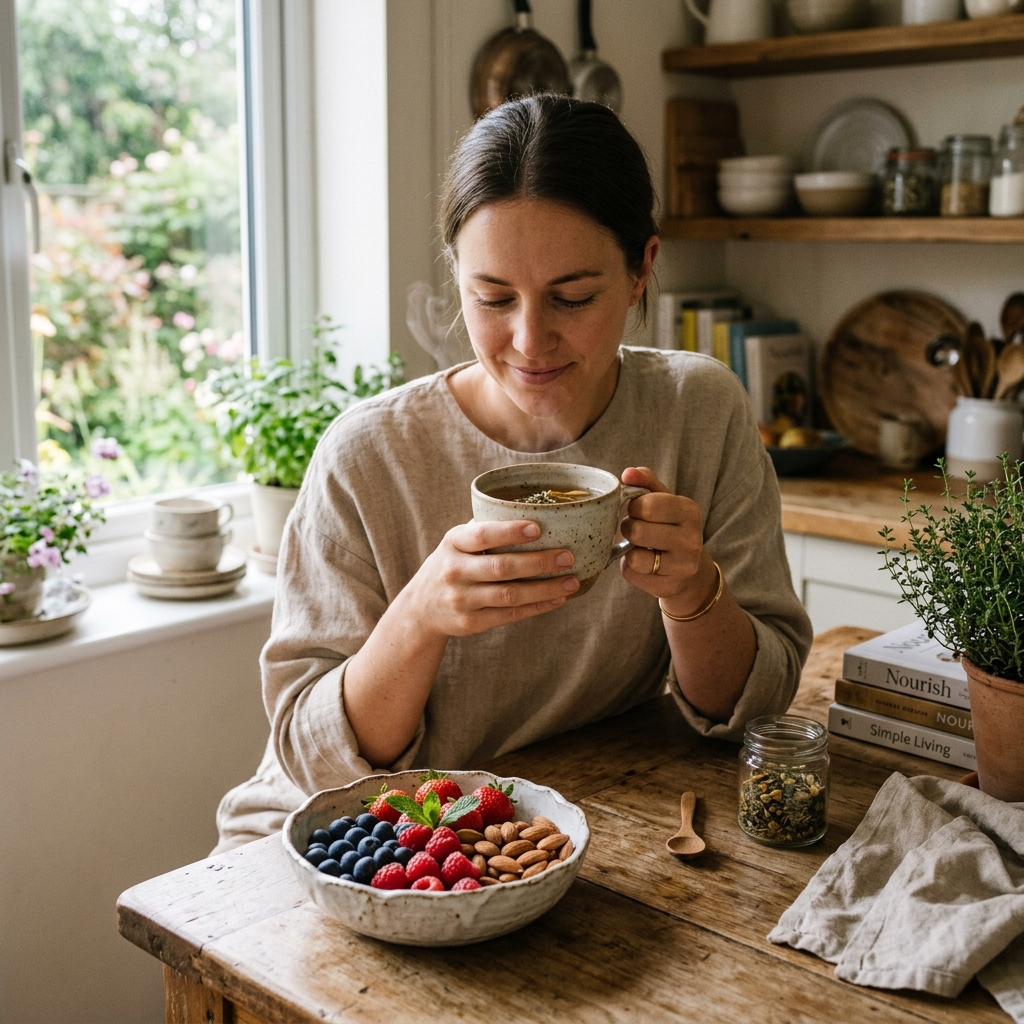 Mindful eating and dopamine balance with tea and healthy snacks