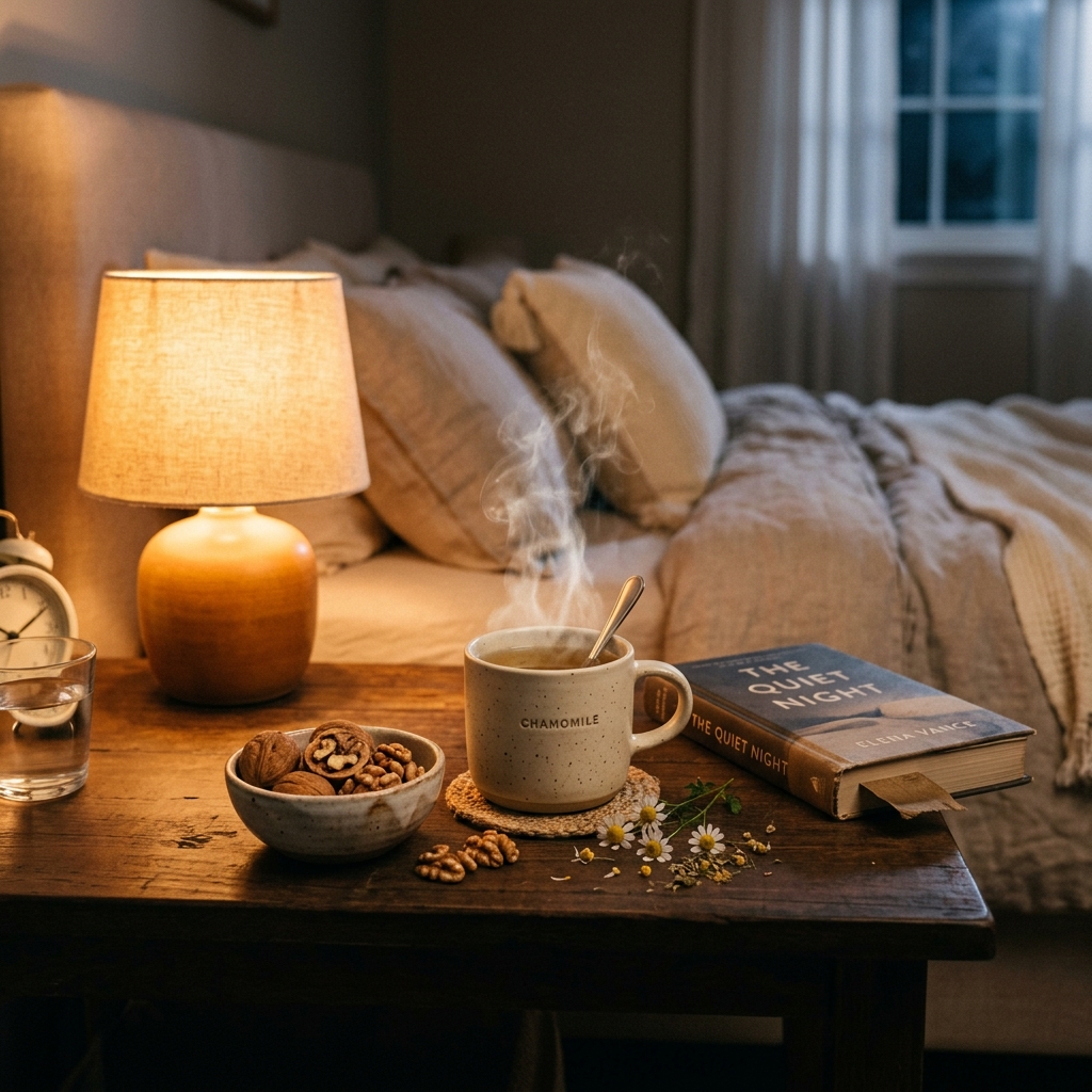 Serene nighttime scene with herbal tea and walnuts representing sleep hygiene and hormonal balance