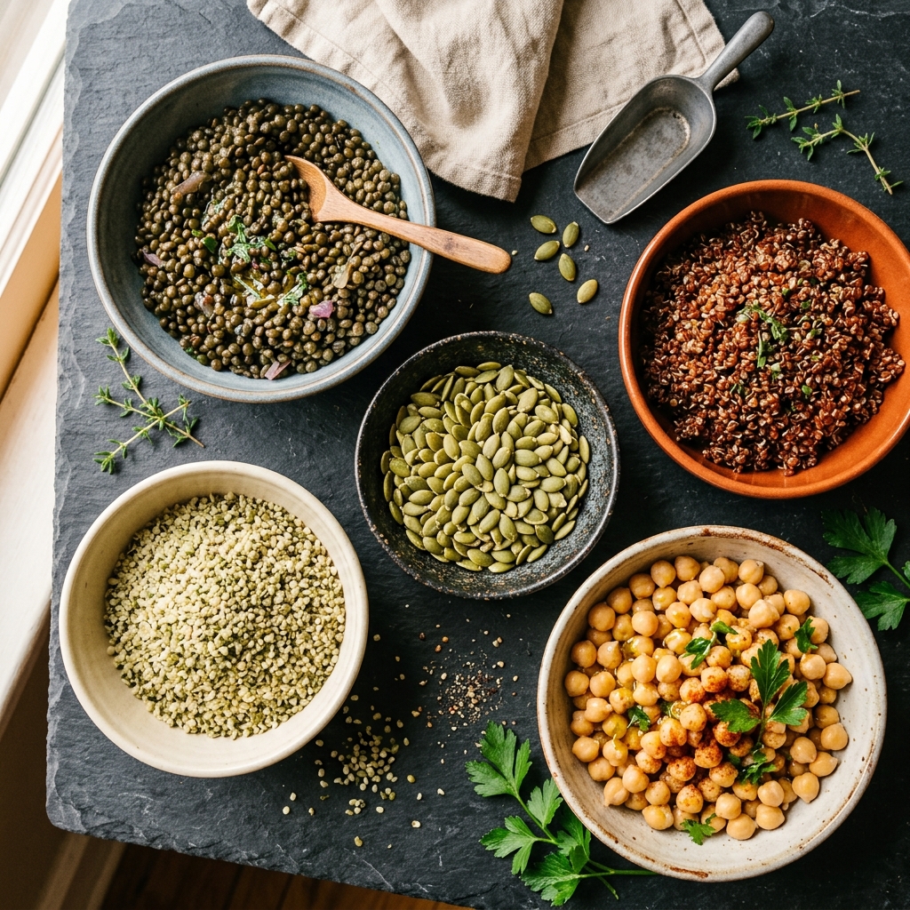 Vibrant array of plant protein ingredients including green lentils chickpeas and seeds