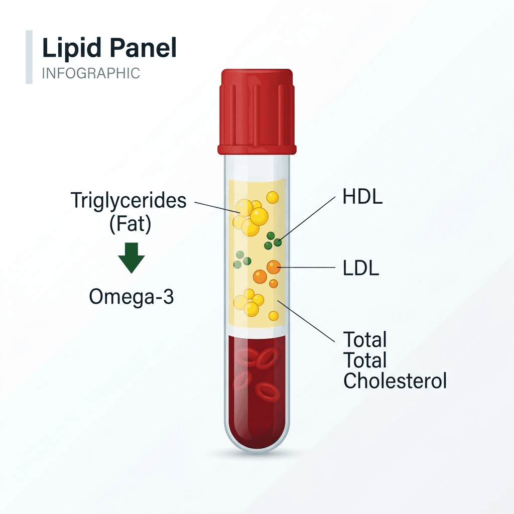 A modern medical graphic representing a lipid panel blood test, highlighting the difference between high and optimal triglyceride particles in the bloodstream.