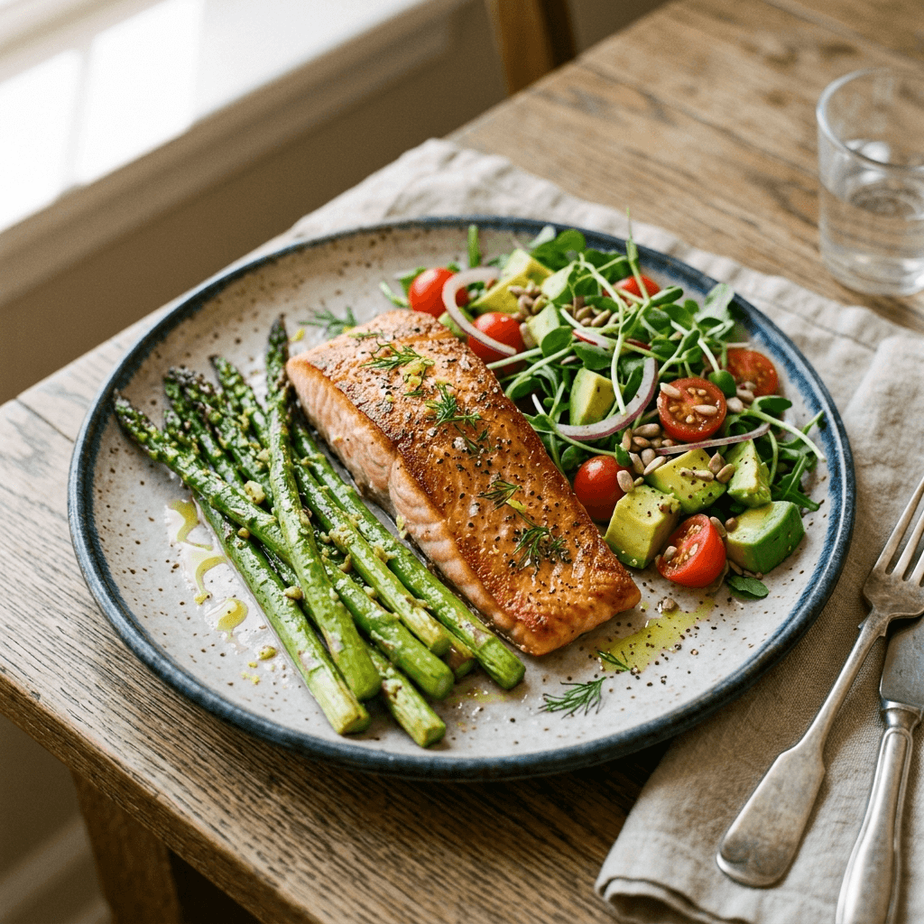 A close-up shot of a healthy Mediterranean meal featuring a grilled wild salmon fillet, roasted asparagus, and a fresh avocado salad