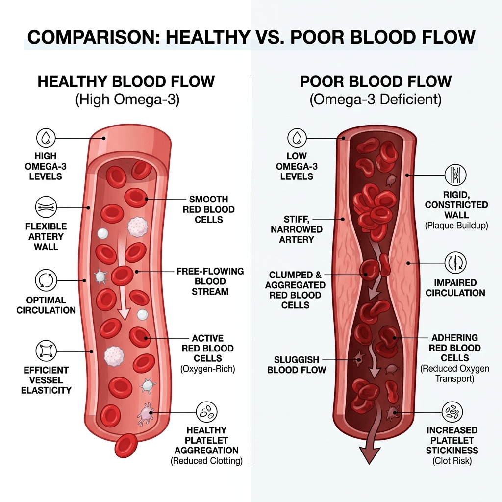 An infographic comparing healthy dilated capillaries with smooth blood flow versus constricted capillaries with sluggish blood flow.