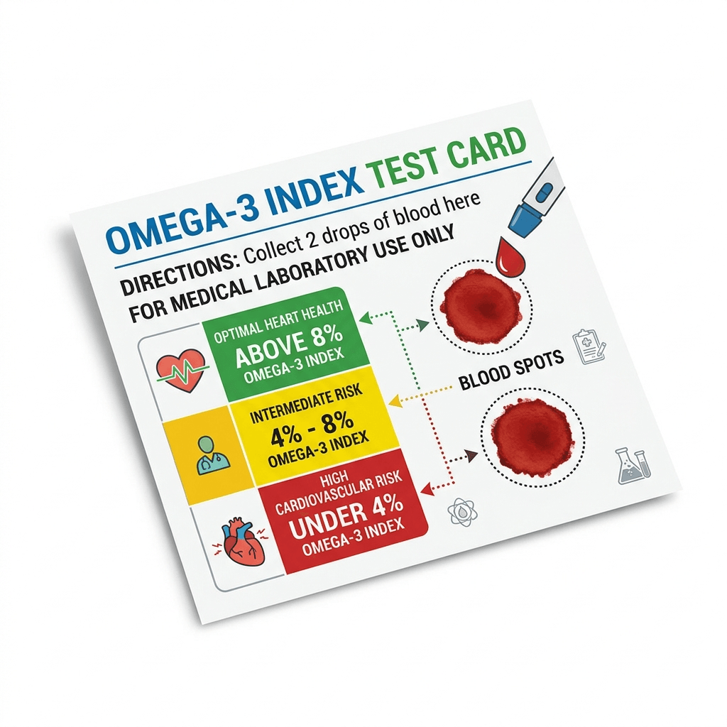 A colorful chart illustrating the Omega-3 Index risk categories: Red for High Risk, Yellow for Intermediate, and Green for Optimal Heart Health.