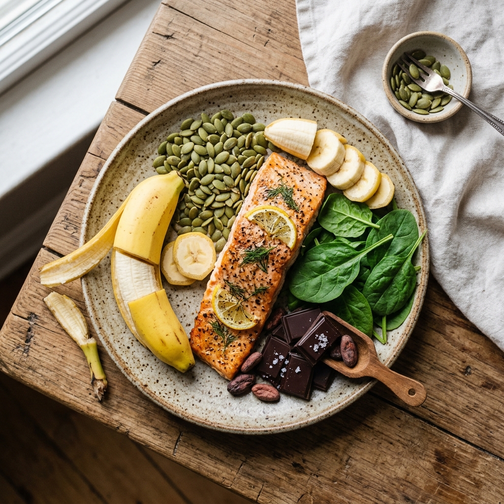 Magnesium and tryptophan rich foods pumpkin seeds salmon dark chocolate spinach