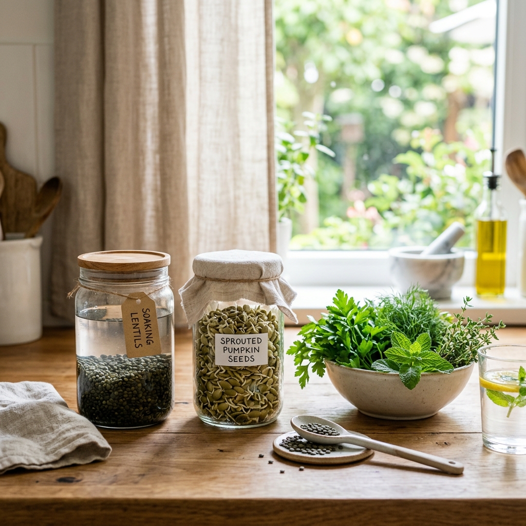 Soaking grains, lentils, and sprouted seeds in glass jars on a bright kitchen counter